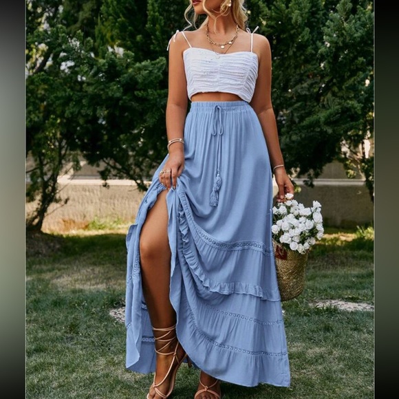 Boho tie waist ruffle hem maxi skirt - Picture 1 of 5